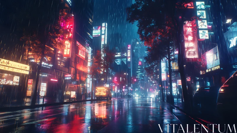 Neon lit city street at night under heavy rainstorm.
