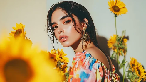 Photorealistic portrait with sunflowers and vibrant bokeh field.