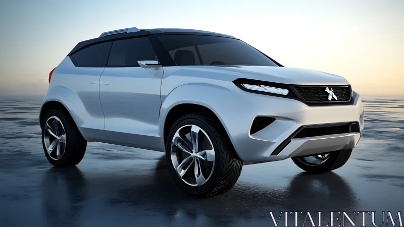 White compact crossover SUV concept on reflective wet surface