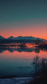 City skyline and mountains reflect on calm water at dusk