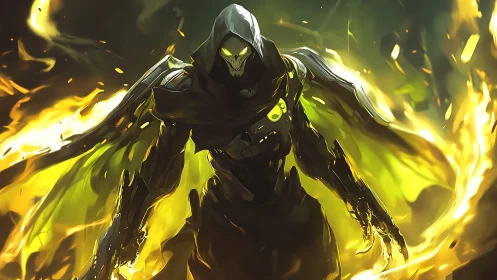 Hooded skeletal warrior emerges from neon inferno of flames.