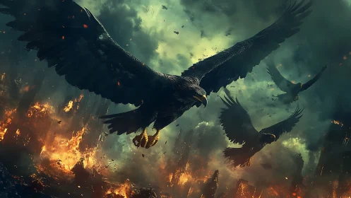 Large dark eagles fly over burning cityscape at dusk.