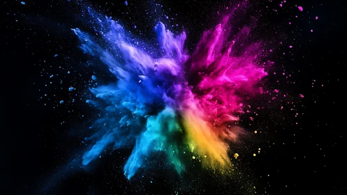 Multicolor powder burst expands radially on dark background