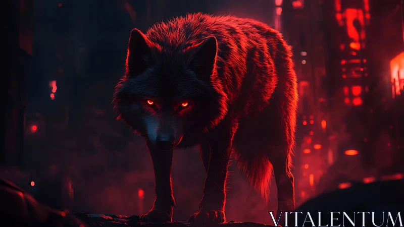Cybernetic red-lit wolf in dark urban environment.