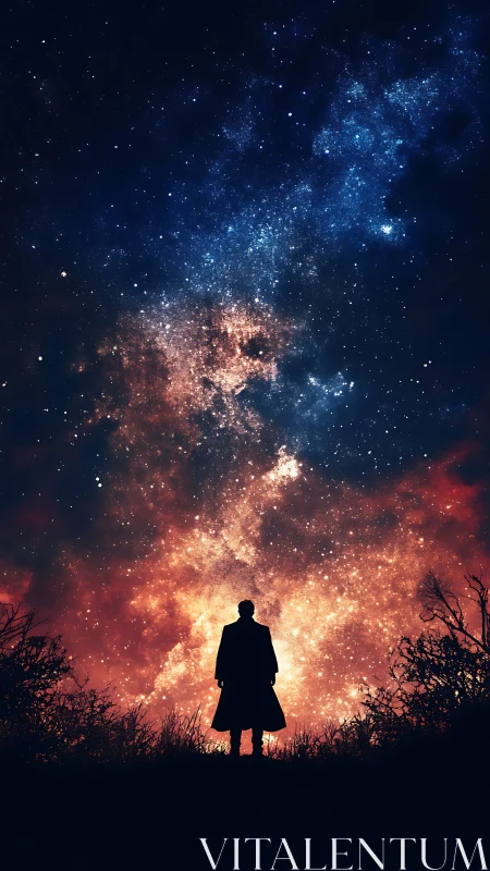 Silhouette observes blazing nebula sky over dark horizon