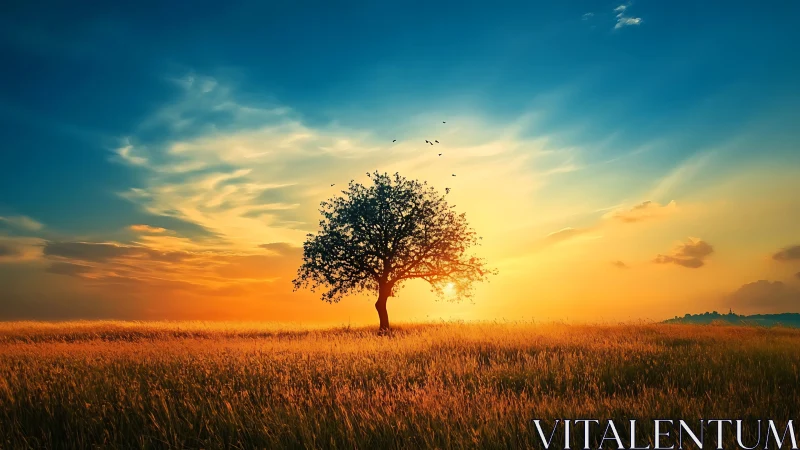 Lone tree glows against a vivid golden sunset horizon