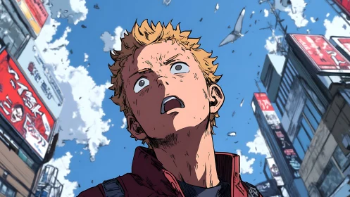 Shocked teen gazes skyward in neon city canyon.