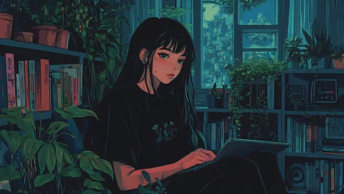 Young woman with tablet in indoor plant filled study room.