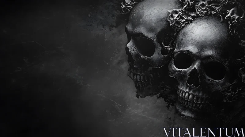 Three metallic skulls cluster on dark textured background