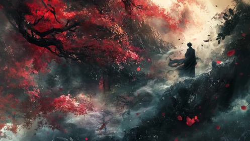 Lone cloaked figure in misty red forest landscape at dawn.