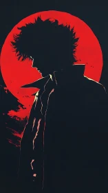 Backlit spiky-haired figure silhouette before red circular sun