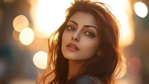 Portrait of young woman with warm bokeh sunset background.