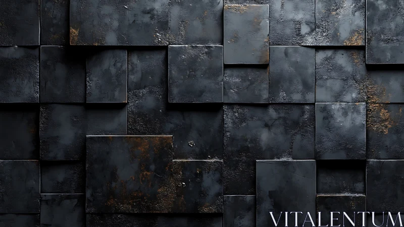 Rust-stained black metal tiles form layered geometric wall