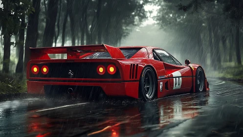 Bold red race car glowing on a rain soaked forest road.