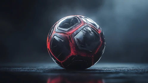 Black and red soccer ball rendered with cinematic rim lighting