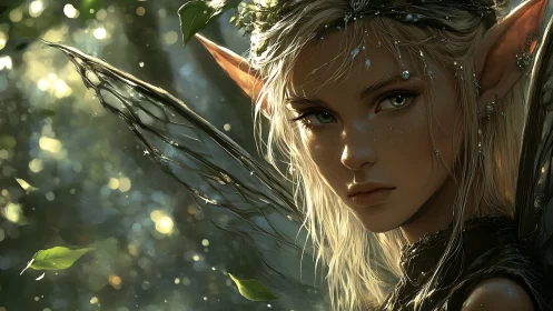 Forest fairy at dawn with luminous wings and quiet grace.