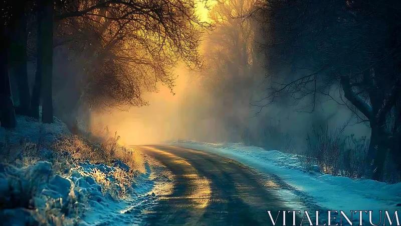 Winter forest road with low golden sunrise light glow.