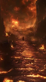 Solitary Figure in Apocalyptic Fire and Ruins