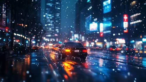 Solitary car moves through neon city street under snowfall