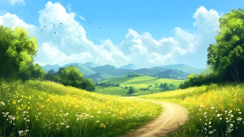 Sunny meadow path winds gently toward distant blue hills