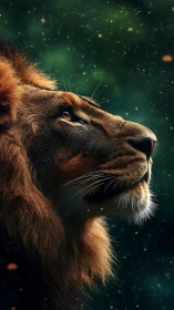 Majestic lion profile rendered in dramatic photorealistic lighting