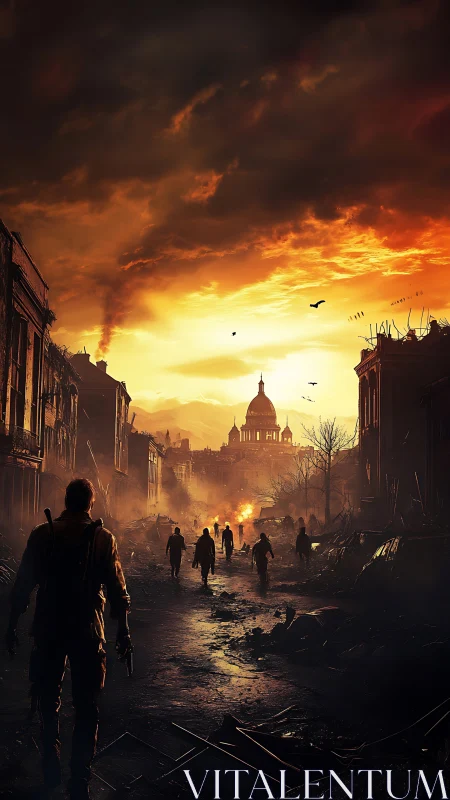 Figures walk through ruined city street under burning sky