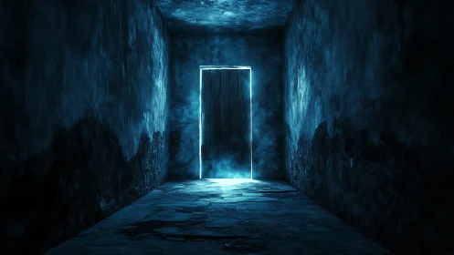 Narrow dark corridor with closed door outlined by blue light.