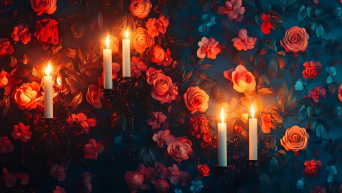 Candles positioned among floral arrangement with warm lighting.