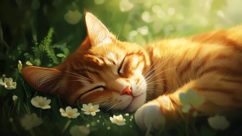 Ginger Cat Napping in a Sunny Garden.