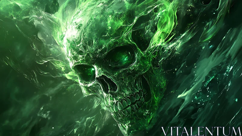 Spectral emerald skull in turbulent plasma combustion field.
