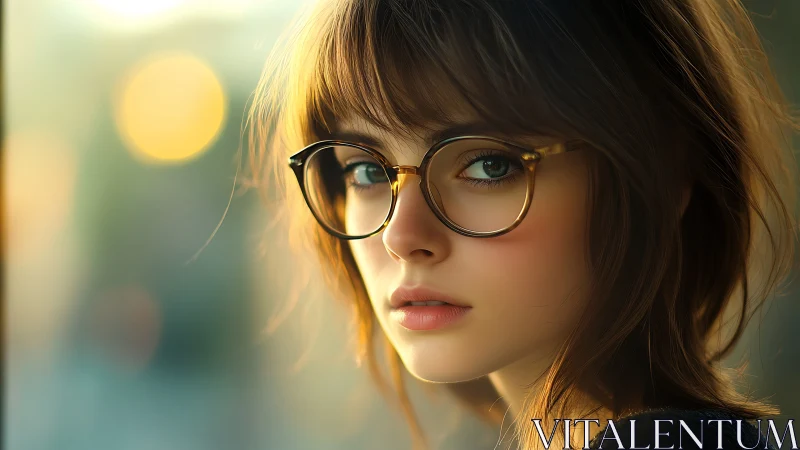 Soft-focus digital portrait of young woman in round glasses