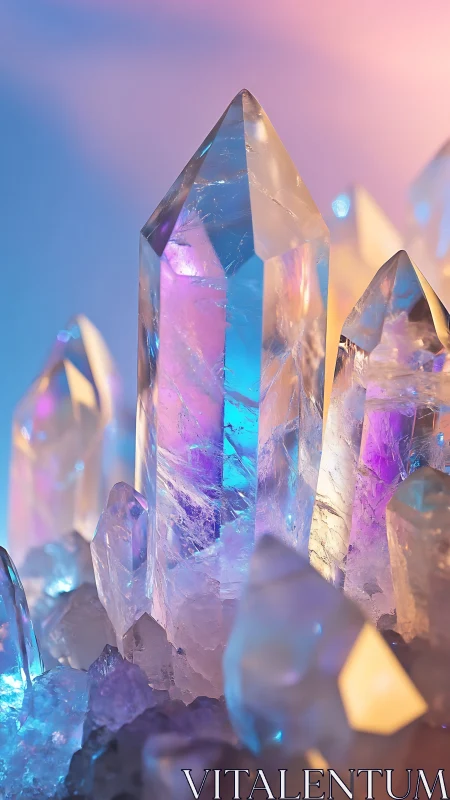 Iridescent crystal spires in vertical macro composition.