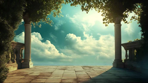 Stone terrace with classical columns opening to cloudy sky