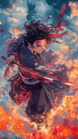Blazing skyward swordsman dancing through storm and fire.
