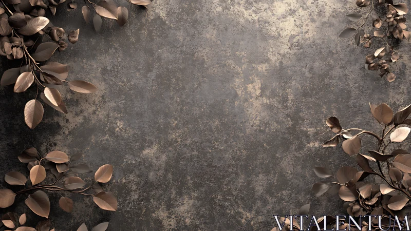 Metallic foliage branches frame textured concrete background plane