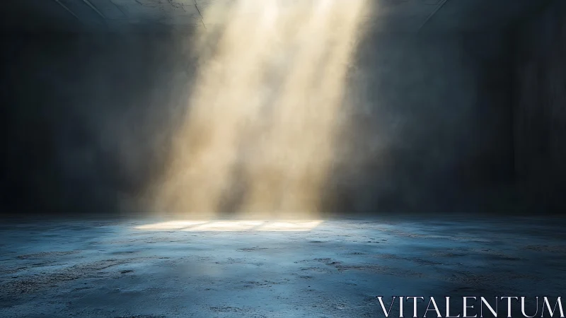 Single beam of light in empty dim industrial room.