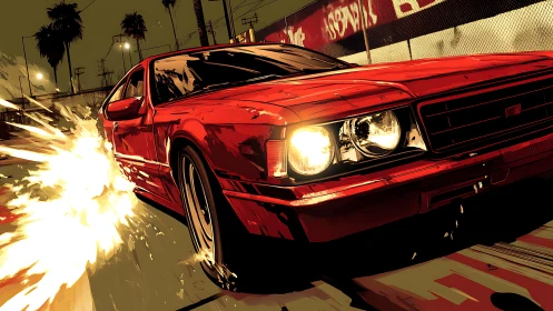 Red muscle car drifts through neon city streets at night.