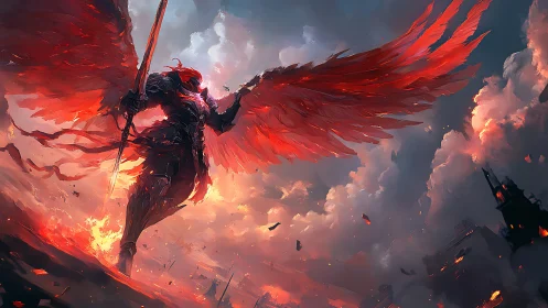 Armored seraph with flaming wings dominates apocalyptic sky