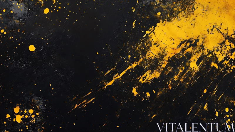 Bold yellow paint splatter on dark textured background, abstract art.