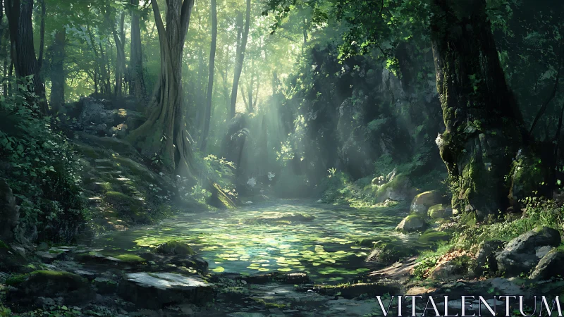 Dense Forest Canyon with Ethereal Atmospheric Light and Reflective Water Surface