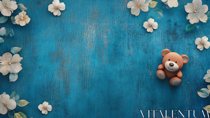 Toy bear on teal wooden background with floral framing balance