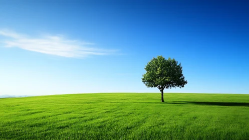 Solitary Tree on Vibrant Green Field Under Clear Blue Sky.