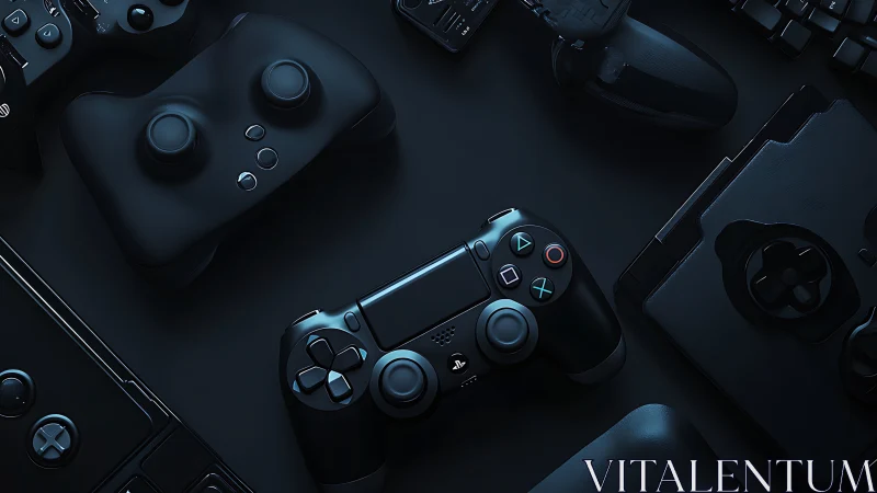 Dark-toned gaming controllers arranged in cinematic top view.