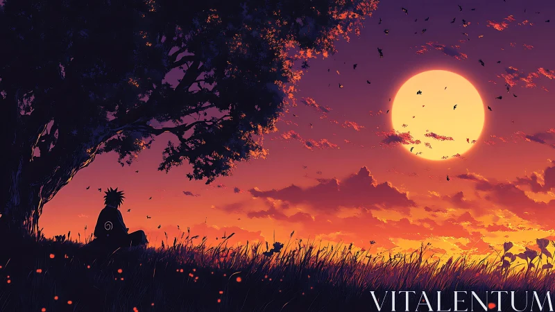 Quiet sunset reflection beneath a glowing harvest moon.