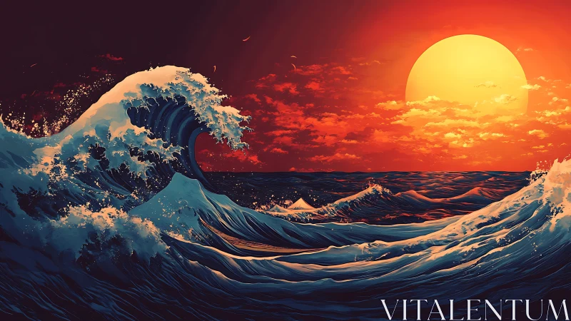 Ocean waves move under low sun with strong color contrast