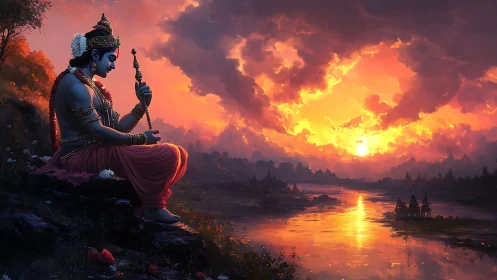 Divine blue figure observing radiant riverine sunset panorama