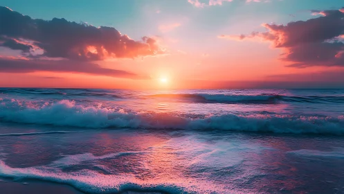Neon sunset waves color coastline under glowing sky.