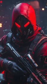 Crimson hooded cyber soldier with glowing visor stance.