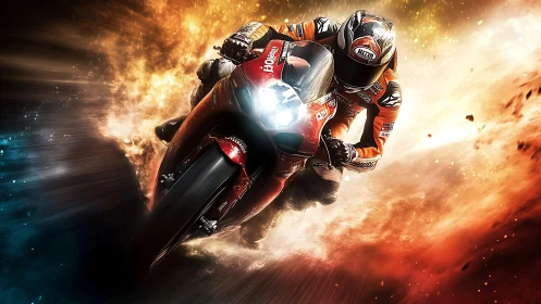 Motorcycle racer leans into explosive corner at full speed