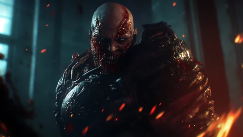 Bloodlit cyber abomination prowling a fire flecked corridor.